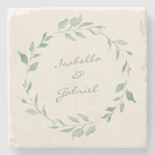 ミニマリスト水彩植物性リース（名前あり） ストーンコースター
