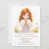 ミニマリスト水彩祈り少女の初聖体拝領 招待状 (正面)