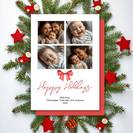 ミニマリスト水彩赤いリボン ファミリーフォト シーズンカード