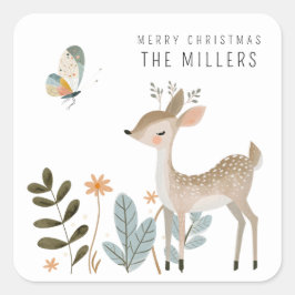 ミニマリスト水彩鹿と蝶 スクエアシール