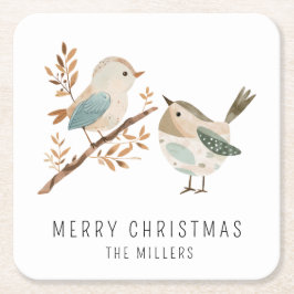 ミニマリスト水色の鳥メリークリスマス スクエアペーパーコースター