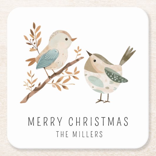 ミニマリスト水色の鳥メリークリスマス スクエアペーパーコースター (正面)
