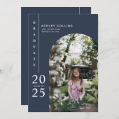 ミニマリスト海軍ブルーアーチ写真卒業パーティー 招待状 (正面/裏面)