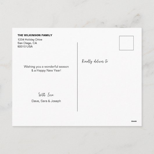 ミニマリスト海軍ブルーハッピーホリデーズファミリー写真 シーズンポストカード (裏面)