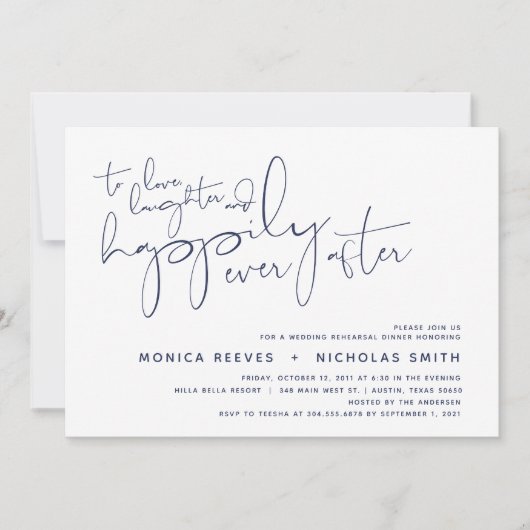 ミニマリスト海軍脚本結婚のリハーサルディナー 招待状 (正面)