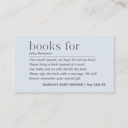 ミニマリスト淡い色のボーイブルーブックスベビー エンクロージャーカード (正面)