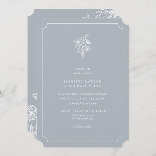 ミニマリスト淡い色のワイルドフラワー結婚ブルー 招待状 (正面/裏面)