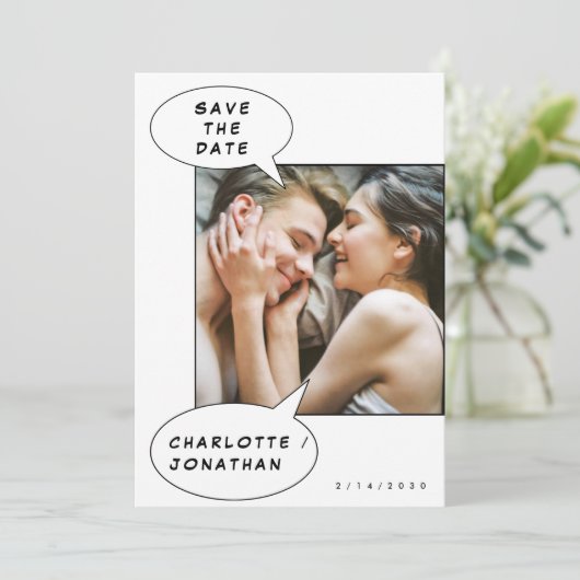 ミニマリスト漫画セーブザデート結婚式招待状 招待状 (スタンド正面)