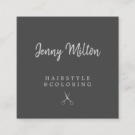 ミニマリスト灰色のシルバーシザーヘアスタイリスト スクエア名刺 (正面)