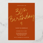 ミニマリスト焼けオレンジ30歳の誕生日金ゴールド 箔招待状 (正面)