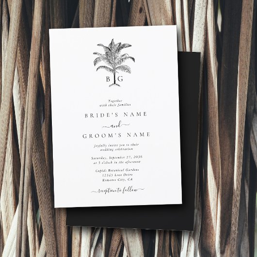 ミニマリスト熱帯パームツリーモノグラム結婚ズ 招待状