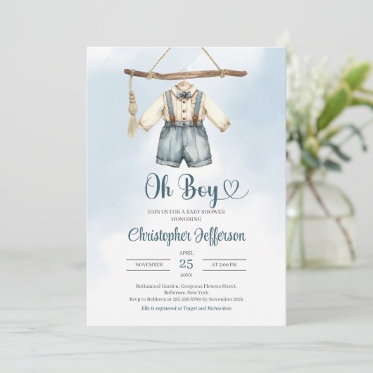 ミニマリスト男の子フォーマル服の服ベビーシャワー 招待状 (スタンド正面)