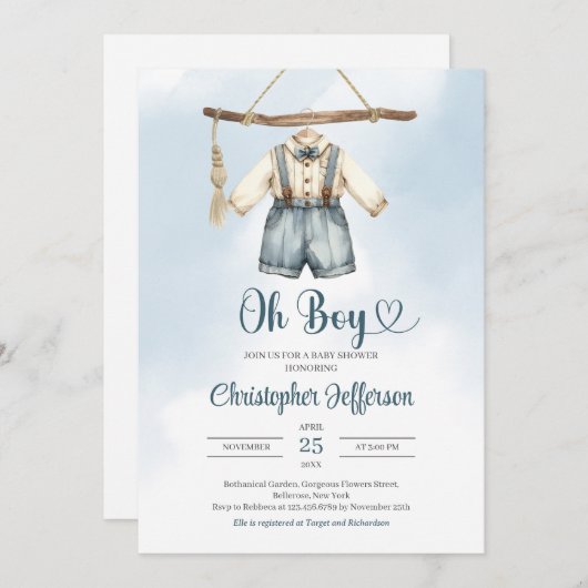 ミニマリスト男の子フォーマル服の服ベビーシャワー 招待状 (正面/裏面)