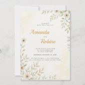ミニマリスト白い花と緑結婚の 招待状 (正面)