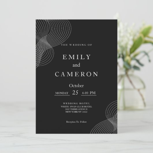 ミニマリスト白い黒の幾何結婚図形 招待状 (スタンド正面)