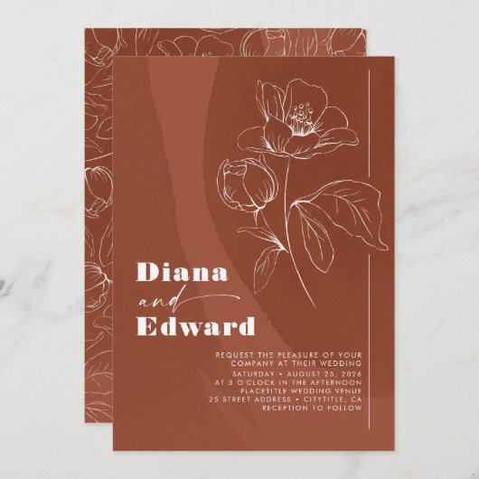 ミニマリスト白とテラコッタボホ結婚ズ 招待状 (正面/裏面)