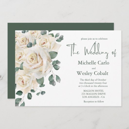 ミニマリスト白と緑のバラの風景結婚 招待状 (正面/裏面)