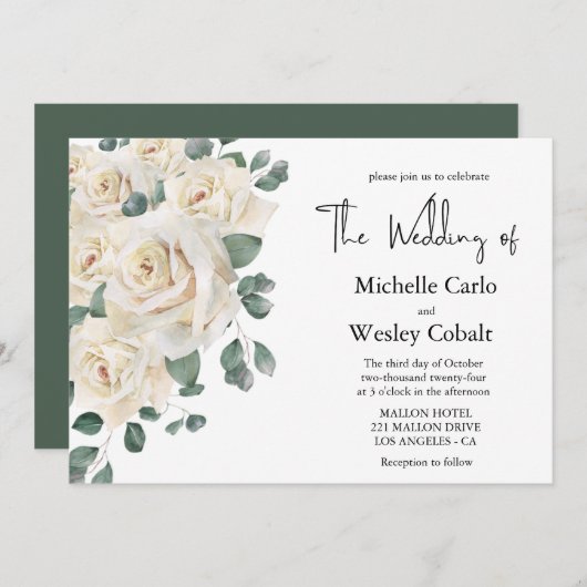 ミニマリスト白と緑のバラの風景結婚 招待状 (正面/裏面)