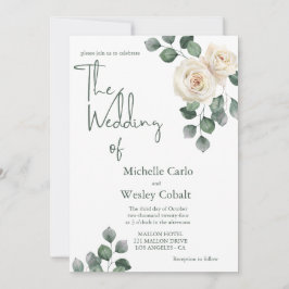 ミニマリスト白と緑のバラバック結婚ズ 招待状