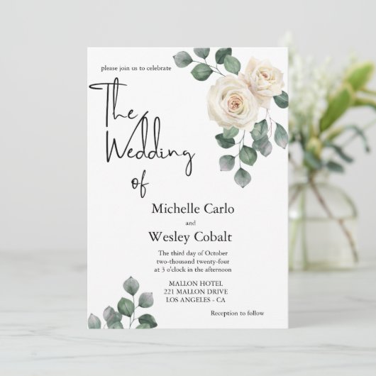 ミニマリスト白と緑のバラバック結婚ズ 招待状 (スタンド正面)