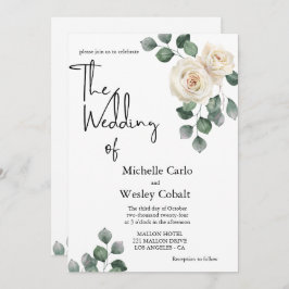 ミニマリスト白と緑のバラバック結婚ズ 招待状