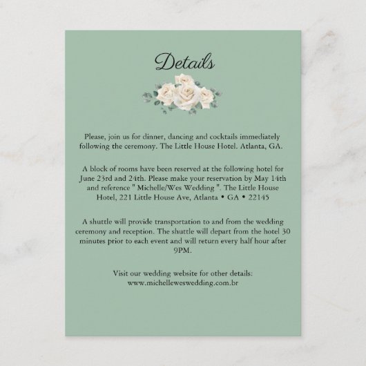 ミニマリスト白と緑のバラ結婚の詳細 エンクロージャーカード (正面)