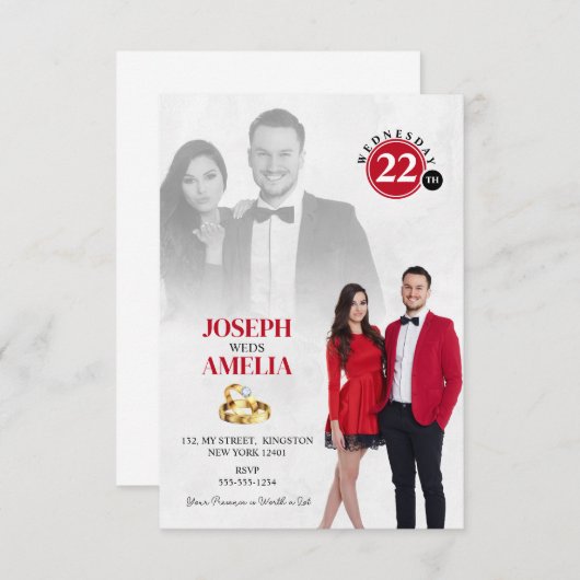ミニマリスト白と赤のエレガントな結婚式の写真 招待状 (正面/裏面)