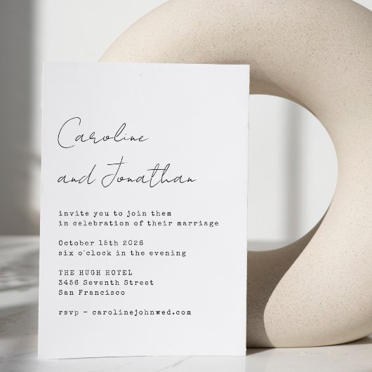 ミニマリスト白タイプライタースクリプトフォント結婚の 招待状