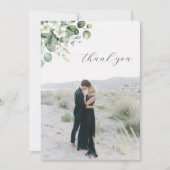 ミニマリスト白ユーカリフローラ写真結婚の サンキューカード (正面)