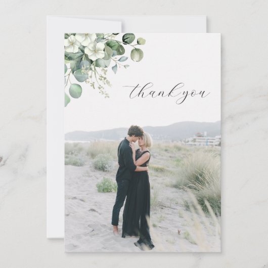 ミニマリスト白ユーカリフローラ写真結婚の サンキューカード (正面)