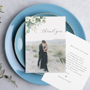 ミニマリスト白ユーカリフローラ写真結婚の サンキューカード