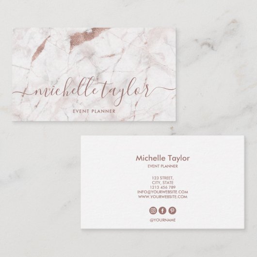 ミニマリスト白大理石バラ金ゴールド署名スクリプト 名刺 (正面/裏面)