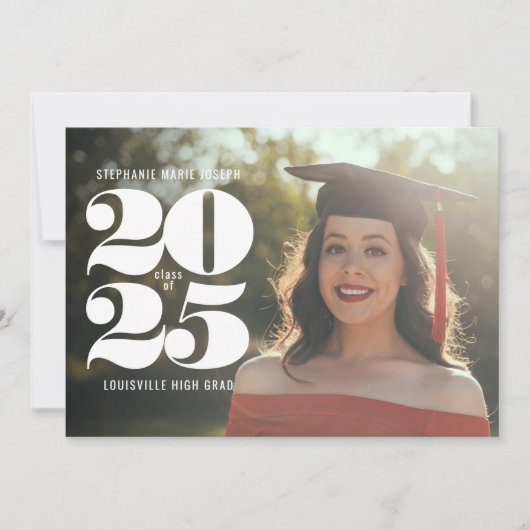 ミニマリスト白数字の日付写真卒業 案内状 (正面)