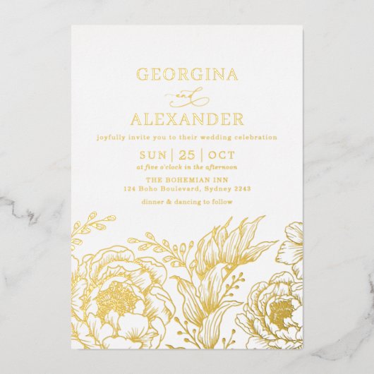 ミニマリスト白金ゴールドヴィンテージボタニカル結婚ズ 箔招待状 (正面)