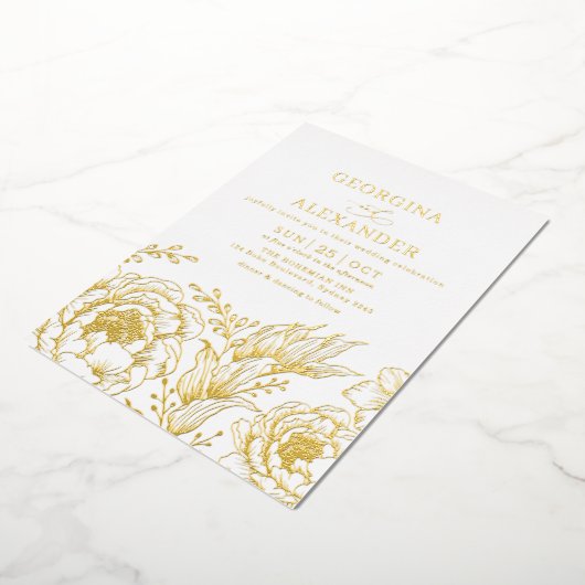 ミニマリスト白金ゴールドヴィンテージボタニカル結婚ズ 箔招待状 (回転した状態)
