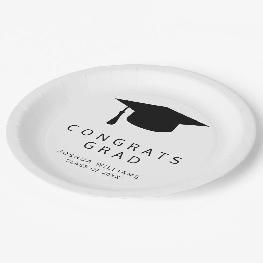 ミニマリスト白黒おめでとう卒業キャップ ペーパープレート (アングル)