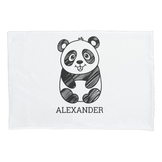 ミニマリスト白黒かわいいパンダスケッチ 枕カバー (正面)