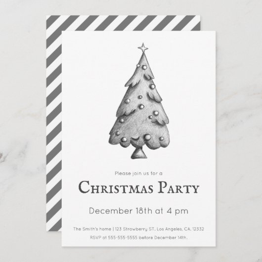 ミニマリスト白黒クリスマスツリーパーティー 招待状 (正面/裏面)