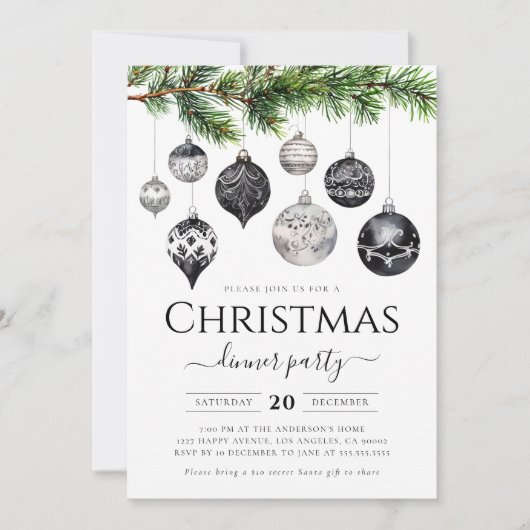 ミニマリスト白黒クリスマスディナーパーティー 招待状 (正面)