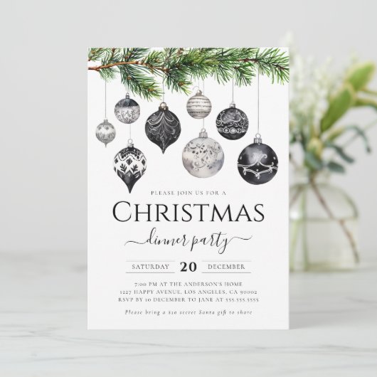ミニマリスト白黒クリスマスディナーパーティー 招待状 (スタンド正面)