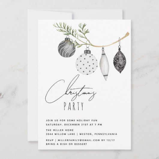 ミニマリスト白黒クリスマスパーティー 招待状 (正面)