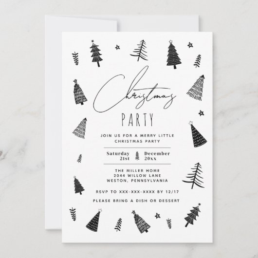 ミニマリスト白黒クリスマスパーティー 招待状 (正面)
