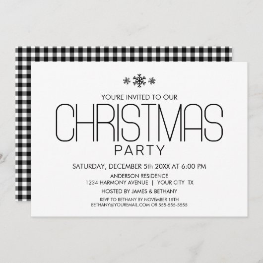 ミニマリスト白黒クリスマスパーティー 招待状 (正面/裏面)
