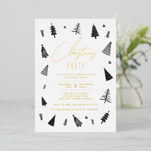 ミニマリスト白黒クリスマスパーティー 箔招待状 (立ち正面)