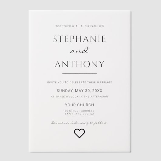 ミニマリスト白黒ハートモダン結婚ズ ベラム紙招待状 (正面)