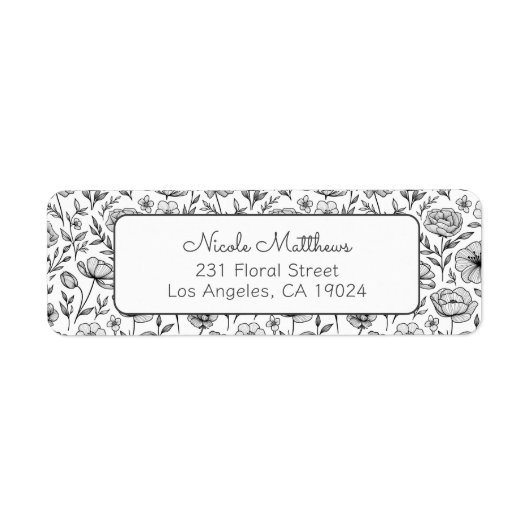 ミニマリスト白黒フローラ差出人住所 ラベル (正面)