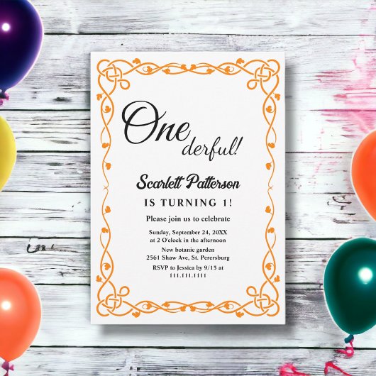 ミニマリスト白黒フローラ1st誕生日 招待状