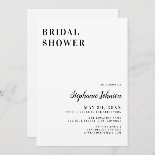 ミニマリスト白黒ブライダルシャワー 招待状 (正面/裏面)
