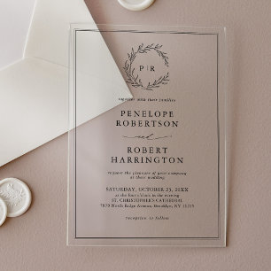 ミニマリスト白黒モダンリーフ結婚ズ アクリル招待状