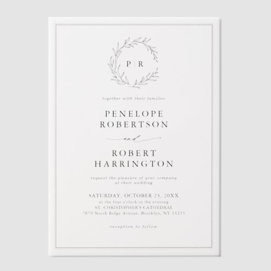 ミニマリスト白黒モダンリーフ結婚ズ ベラム紙招待状 (正面)